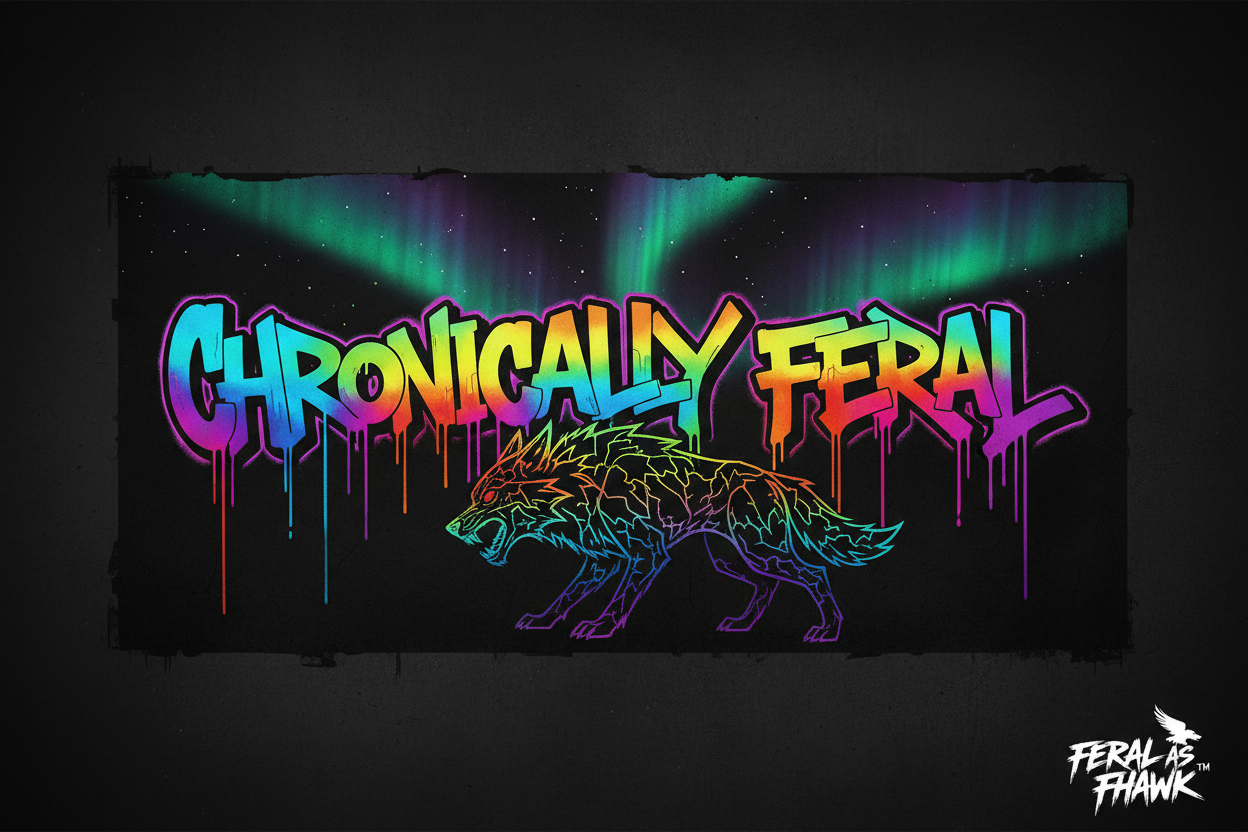 Bold neon multicolour graffiti reads "CHRONICALLY FERAL" with rainbow paint drips, a wolf silhouette and northern lights aurora on black. For the warriors who refuse to quit. Feral as Fhawk™.