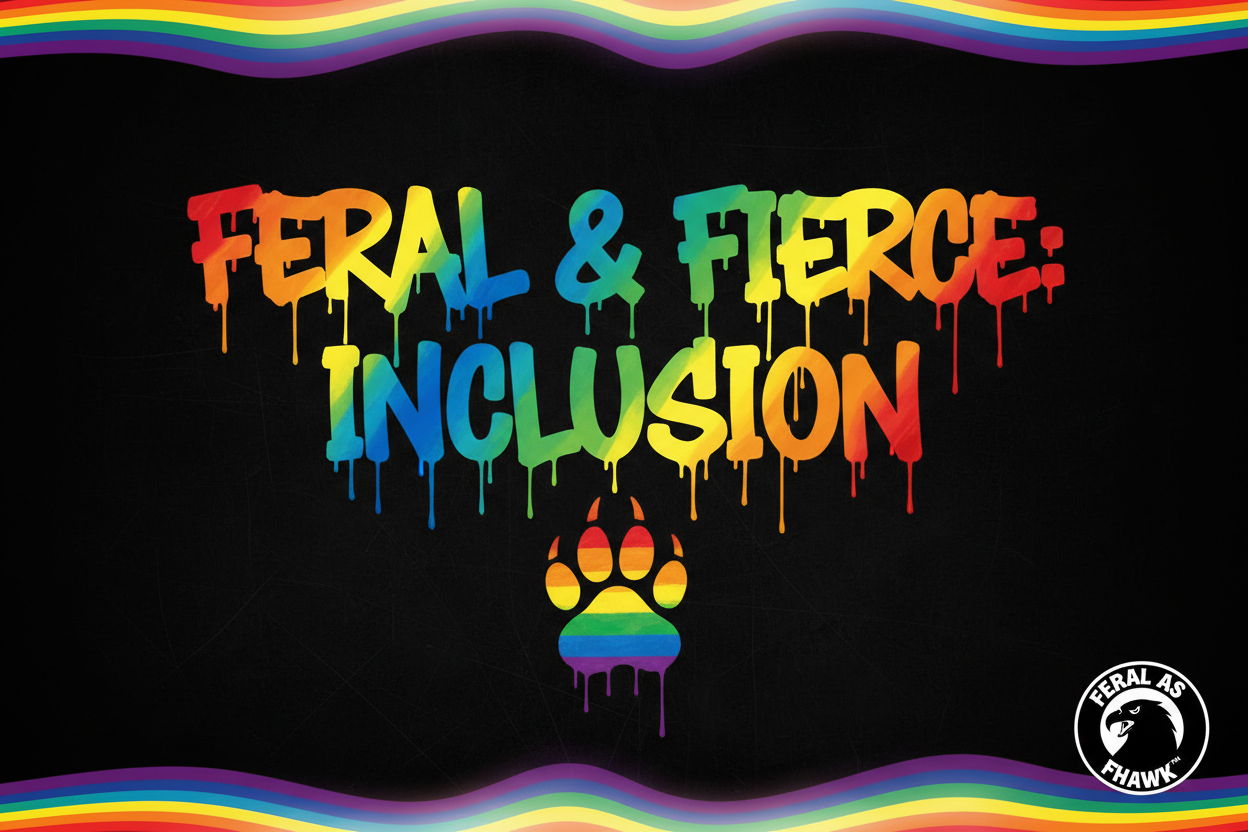Bold multicolour graffiti reads "FERAL & FIERCE: INCLUSION" with rainbow paint drips and northern lights aurora on black. Rainbow bear paw. Feral as Fhawk™.