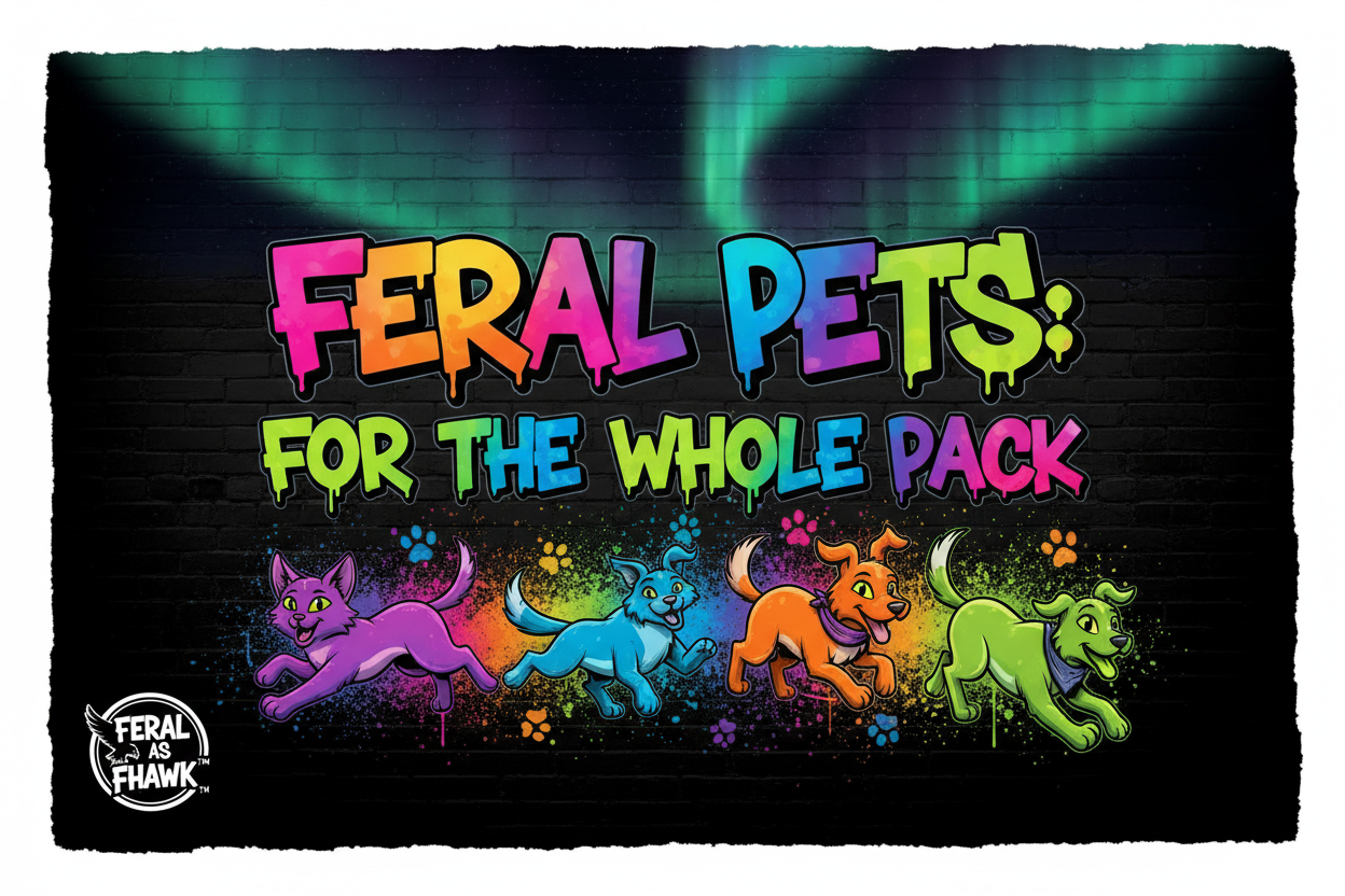 Bold multicolour neon graffiti lettering reads "FERAL PETS: FOR THE WHOLE PACK" with rainbow paw prints and graffiti-style cats and dogs on a black background. Northern lights aurora. Feral as Fhawk™.