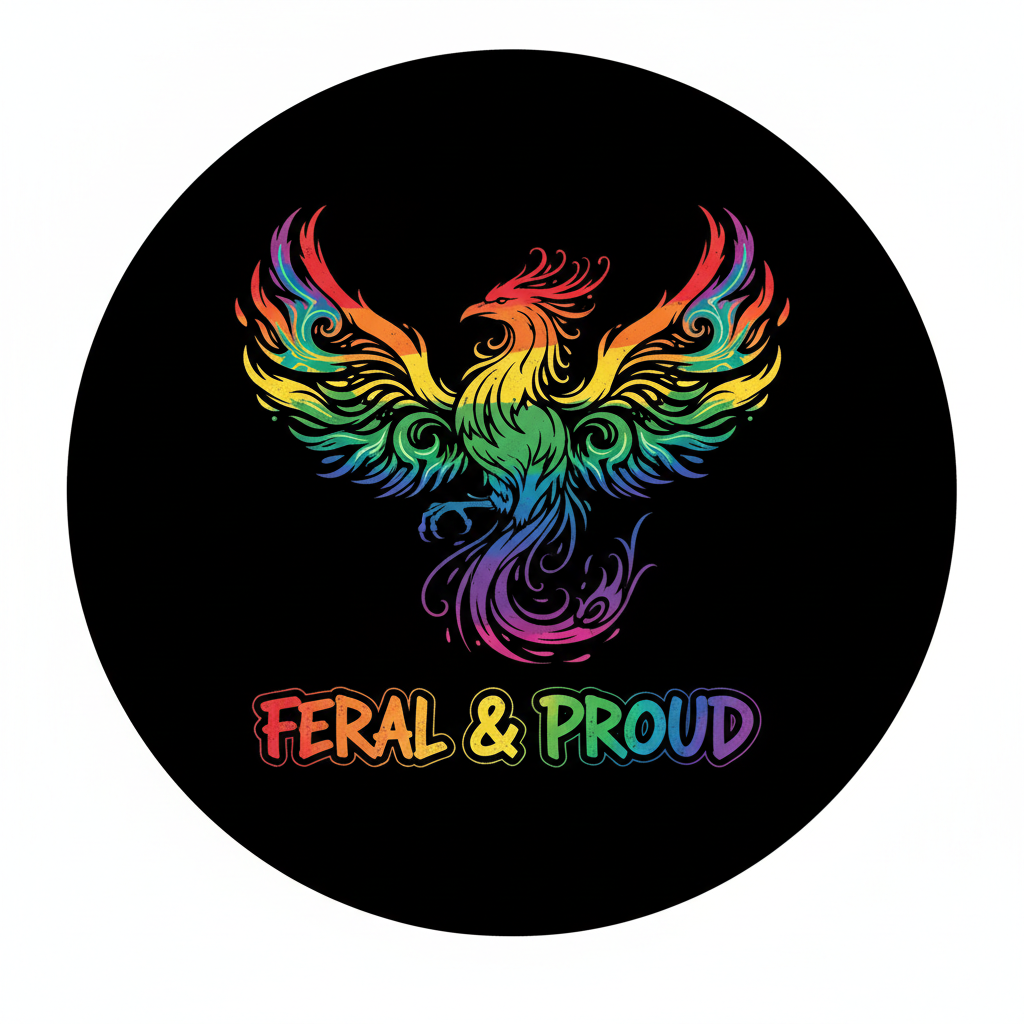 Rainbow phoenix rising in flames with bold graffiti lettering "FERAL & PROUD" on a black background. Unapologetic pride energy. Rainbow bear paw. Feral as Fhawk™.