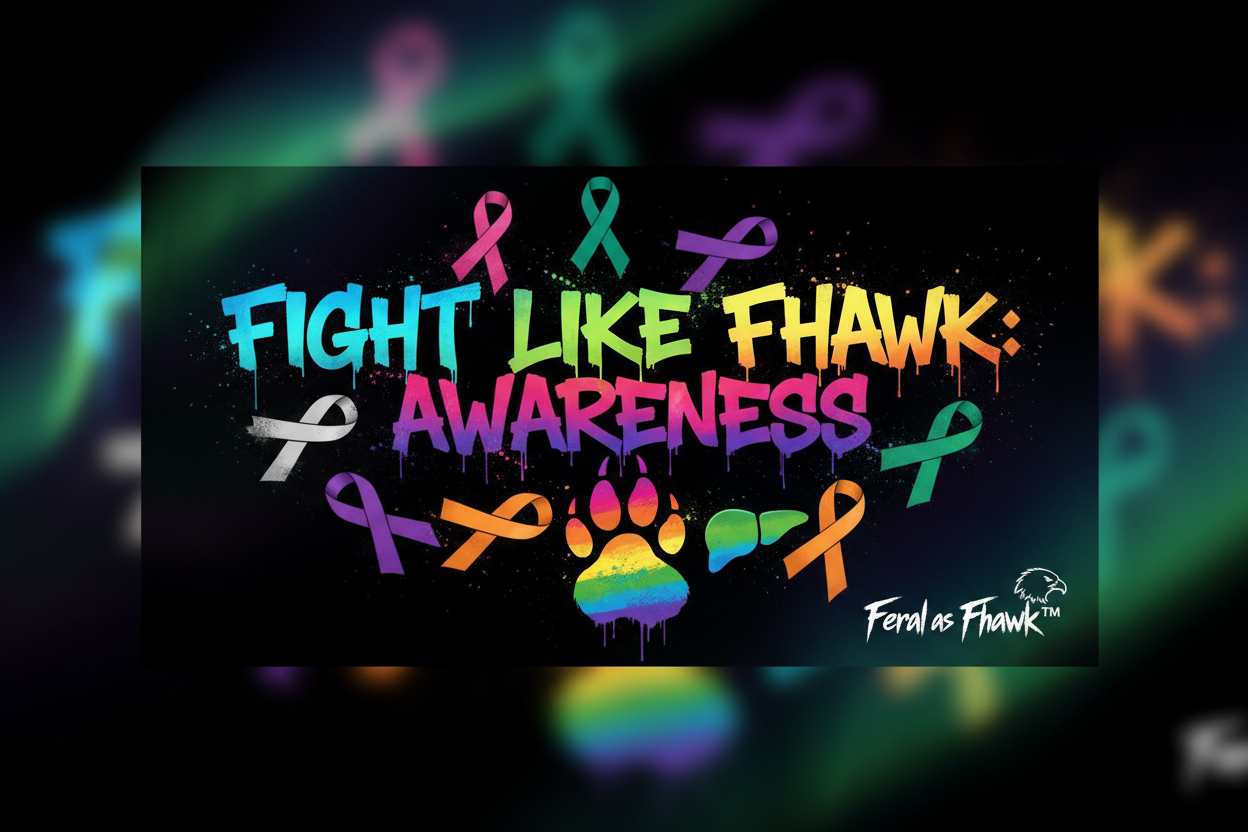 Bold neon graffiti reads "FIGHT LIKE FHAWK: AWARENESS" with multi-coloured awareness ribbons and rainbow bear paw on black. Northern lights aurora. Feral as Fhawk™.