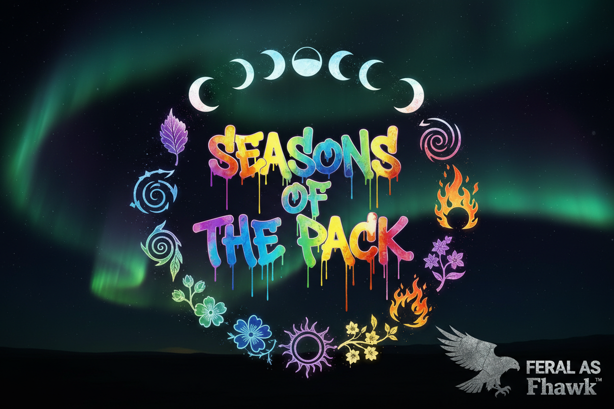 Bold multicolour neon graffiti lettering reads "SEASONS OF THE PACK" surrounded by moon phases, seasonal symbols and northern lights aurora on a black background. Feral as Fhawk™.