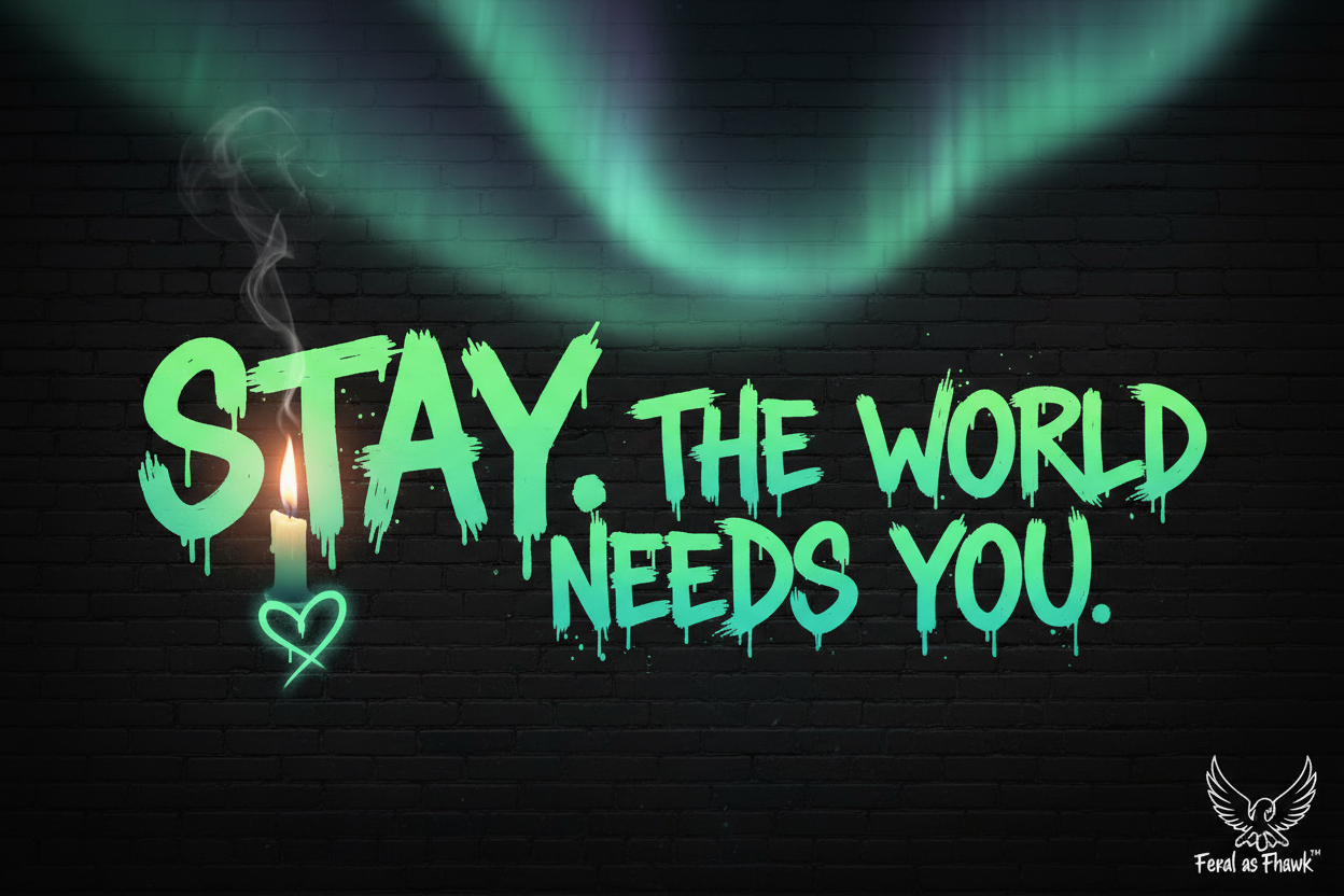 Bold neon green and teal graffiti lettering reads "STAY. THE WORLD NEEDS YOU." with a candle flame and northern lights aurora on a black background. No judgment. Just love. Feral as Fhawk™.