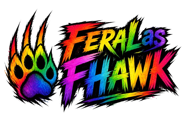 Feral as Fhawk™ rainbow logo with bold hand-lettered "Feral as Fhawk" text in full rainbow gradient and a rainbow bear paw with claws on white background. Bold, inclusive, unapologetic.