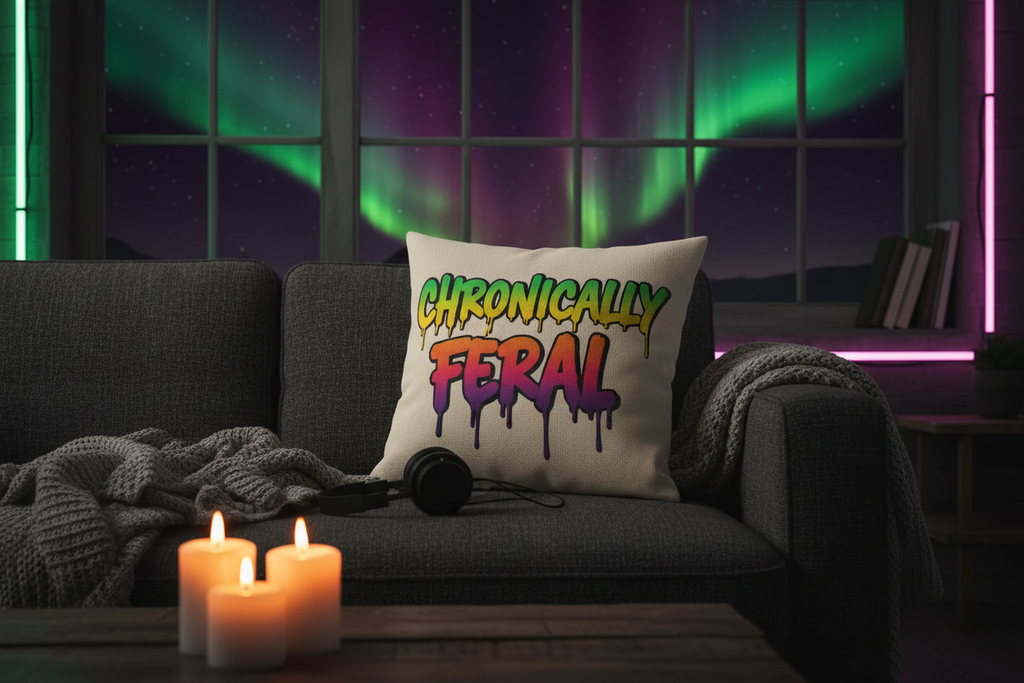 White square throw pillow with "CHRONICALLY FERAL" in two-line graffiti lettering with a full rainbow gradient — green, yellow, orange, red, pink, purple — with paint drips. Lifestyle shot on a dark couch with northern lights visible through the window. Feral as Fhawk™.