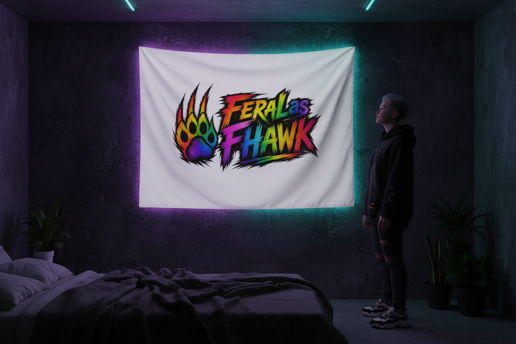 Gender-neutral person admiring the Feral as Fhawk rainbow paw wall tapestry on a dark moody wall with neon accent lighting