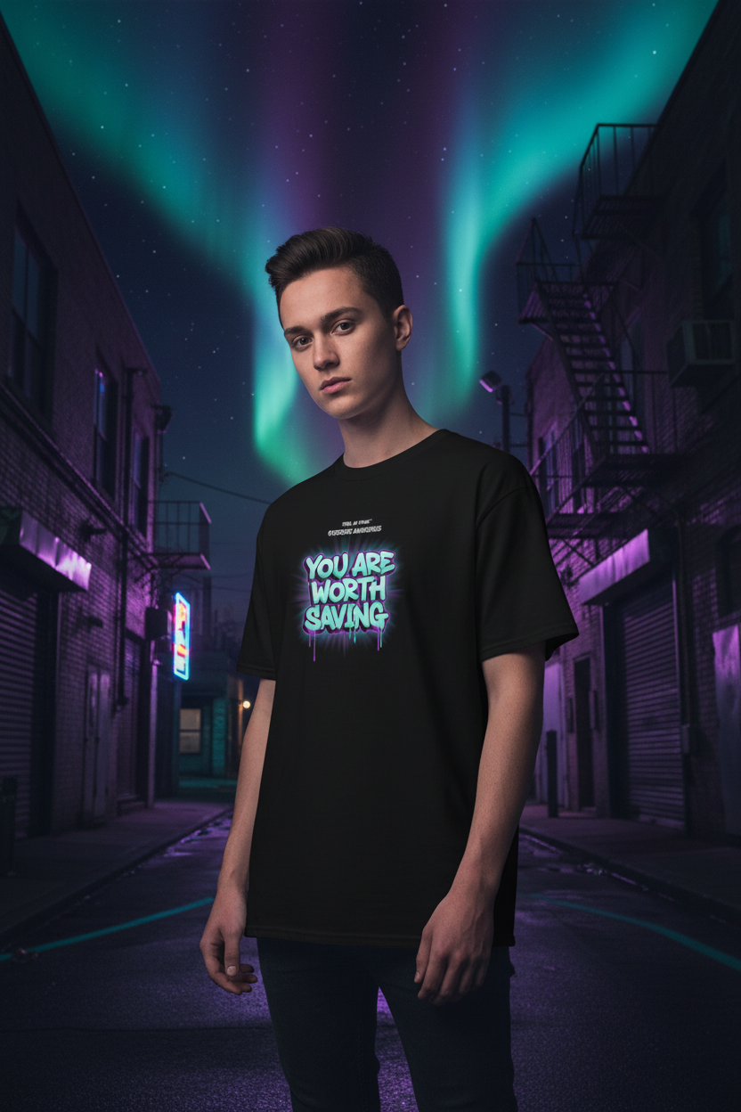 You Are Worth Saving — Feral as Fhawk™ lifestyle photo, gender-neutral model in black tee with purple aurora backdrop