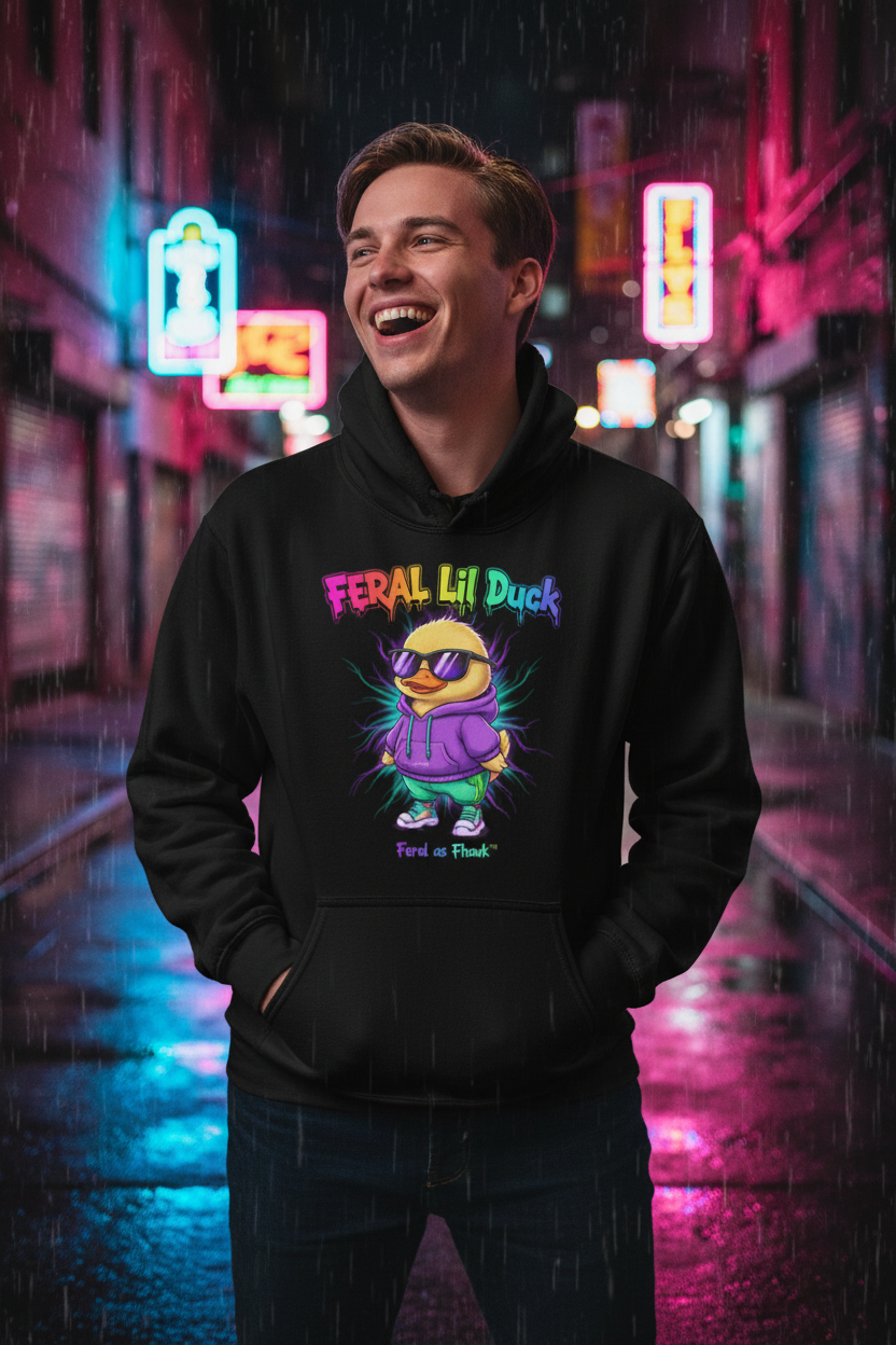 Person wearing FERAL Lil Duck hoodie — Feral as Fhawk™