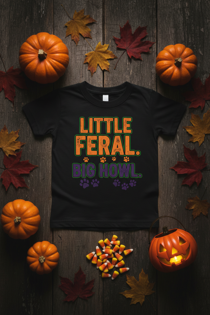 Little Feral. Big Howl. Toddler Tee Flat Lay