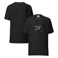 Alt text: Black unisex t-shirt with "LOVE SHOULD NEVER HURT" in multicolor graffiti lettering and a rainbow pride paw print graphic on the front chest. Feral as Fhawk™.